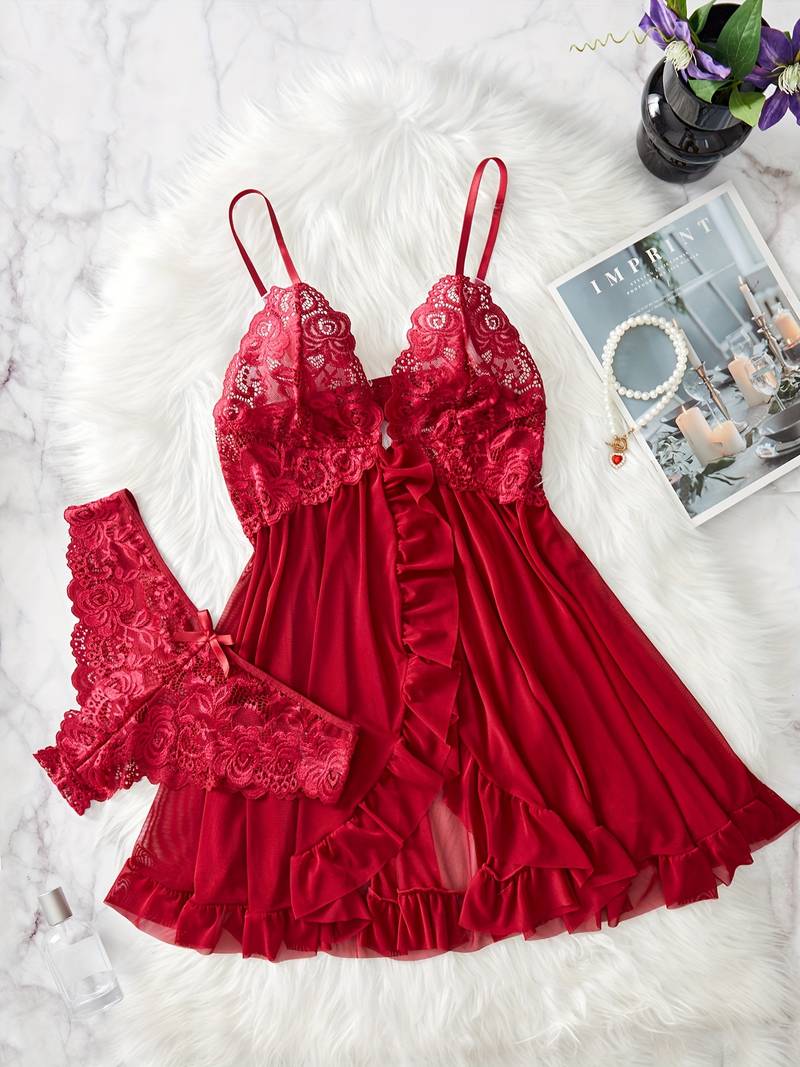 SOXXX Allure - Verführerisches Spitzen-Rüschen-Dessous-Set – V-Slip-Kleid & Tanga in rot