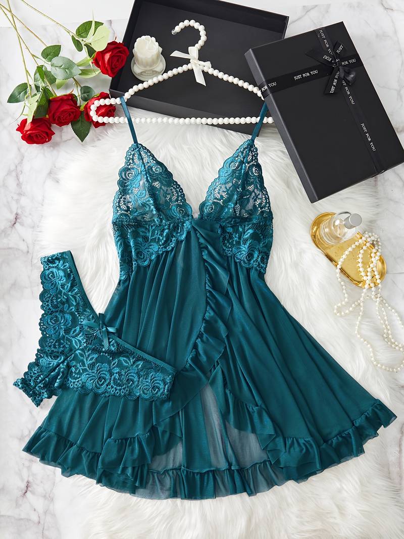 SOXXX Allure - Verführerisches Spitzen-Rüschen-Dessous-Set – V-Slip-Kleid & Tanga in Teal